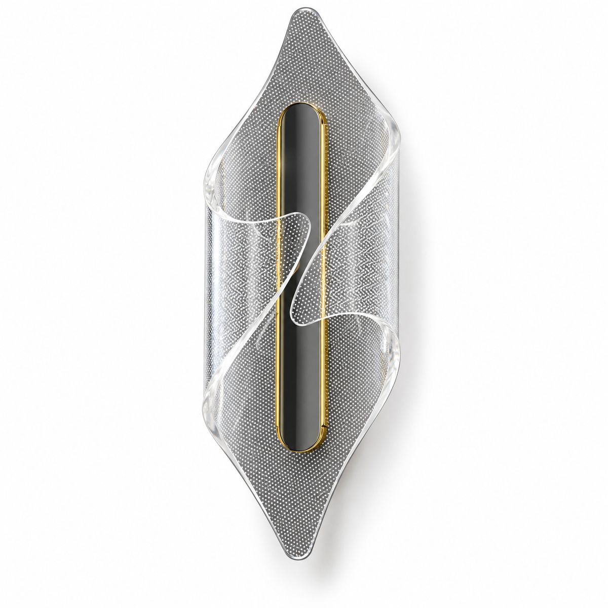 Dotted Acrylic Twist Wall Light with a clear dotted acrylic twist and reflective gold-rimmed central spine, shown switched off against a white background