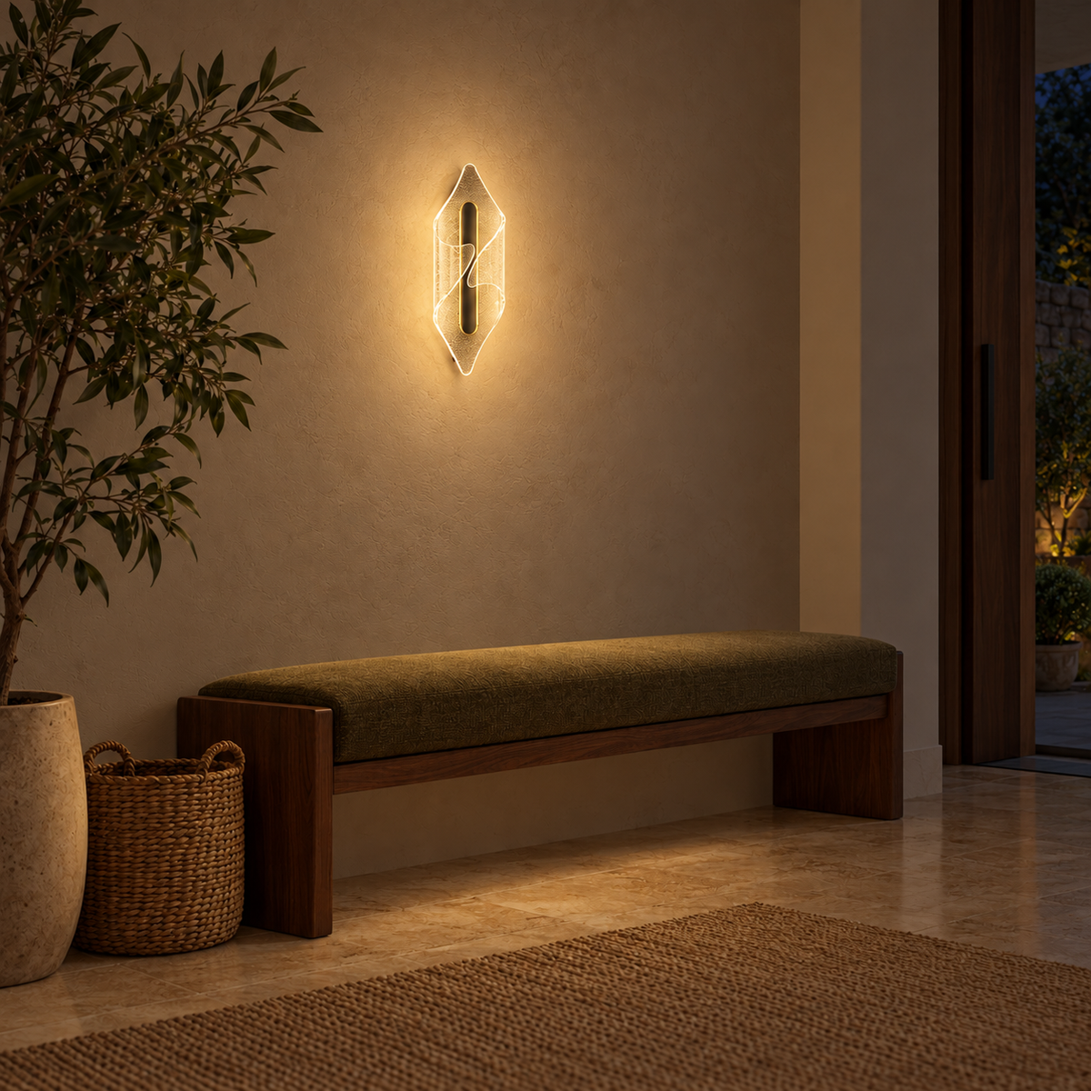 Dotted Acrylic Twist Wall Light illuminated in a night-time interior