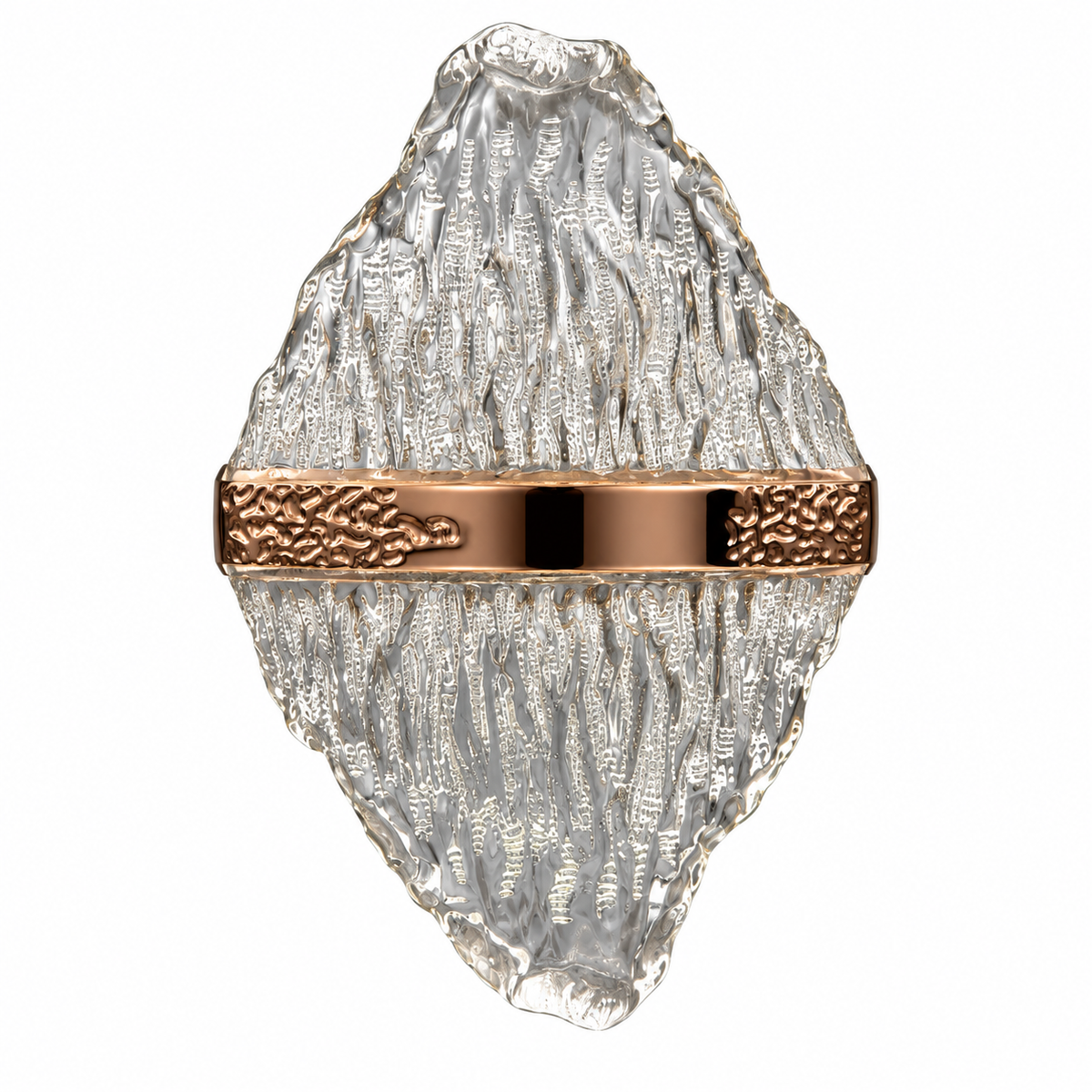 Rippling acrylic wall light with a clear textured shade and decorative metallic centre band, switched off