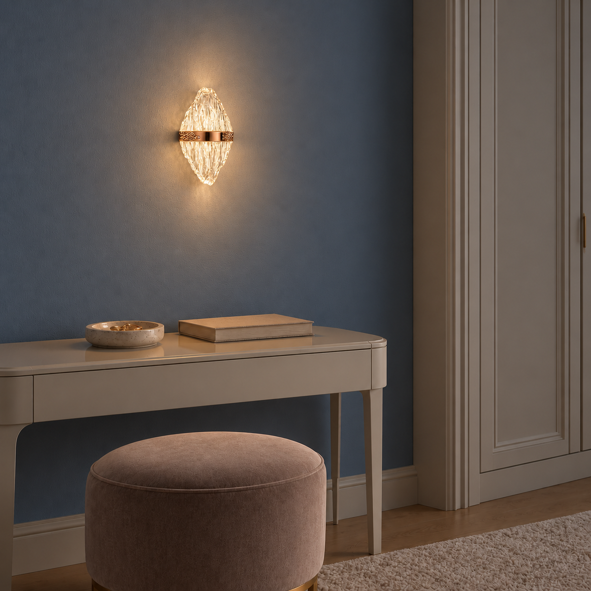Rippling acrylic wall light illuminated above a console at night
