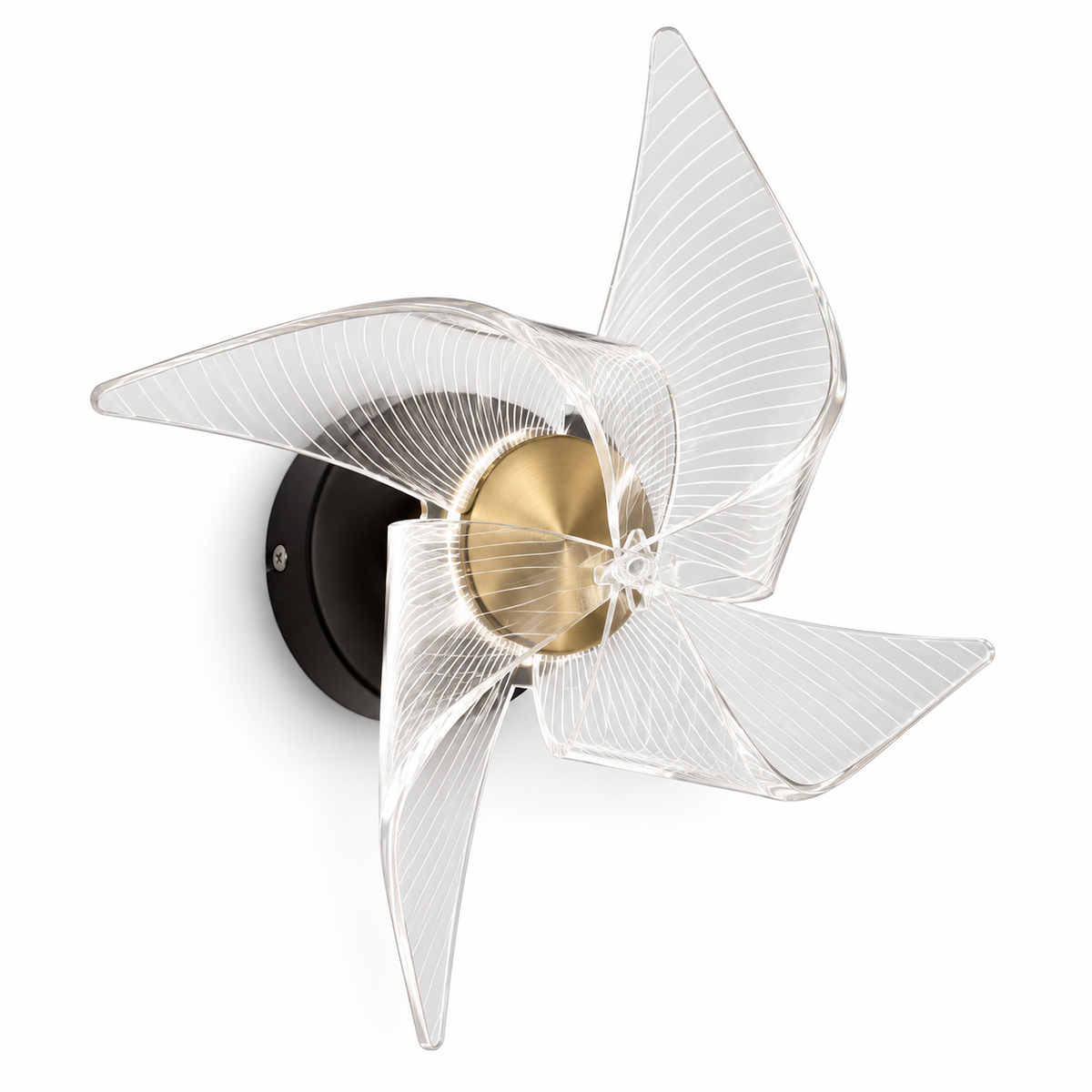 Pinwheel Acrylic Accent Wall Light with four curved clear acrylic blades, a gold-tone centre and black round backplate, shown switched off against a white background