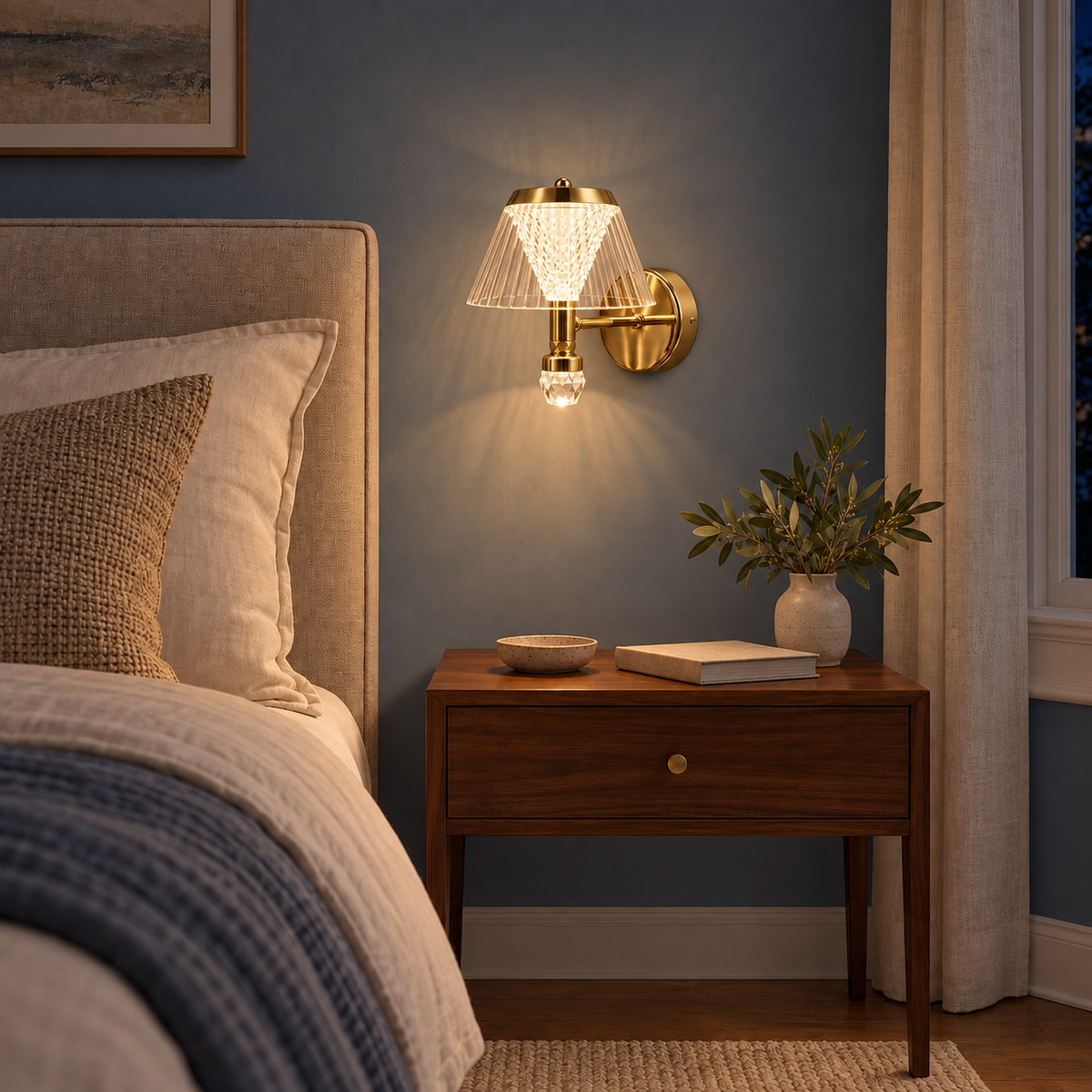 Fluted Acrylic Crystal Drop Wall Light illuminated in a night-time interior