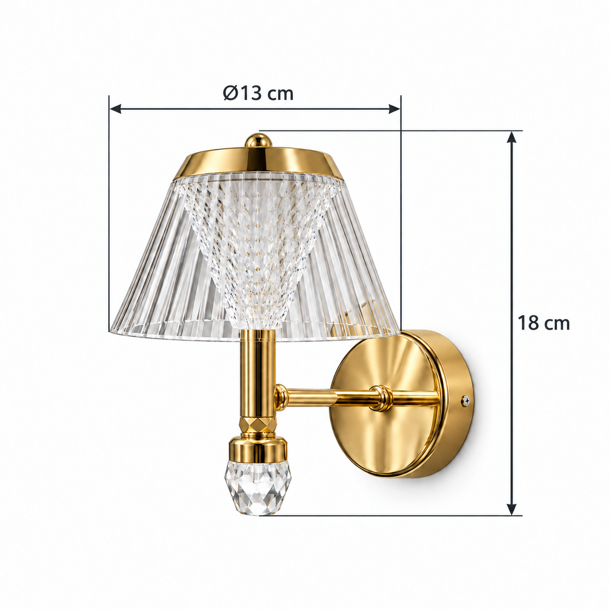 Fluted Acrylic Crystal Drop Wall Light dimension guide showing acrylic shade diameter 13 cm at the lower rim and full height 18 cm including the bottom crystal