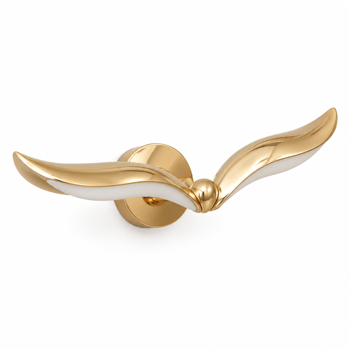 Swept Wing Acrylic Wall Light with two swept gold-tone wings, white acrylic undersides and a round wall plate, shown switched off against a white background
