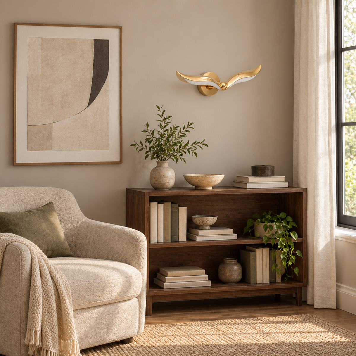 Swept Wing Acrylic Wall Light switched off above a wooden bookcase beside a cream armchair in a daylight living room