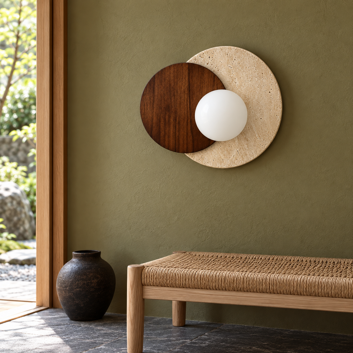 Dark wood and marble globe wall light in a daytime interior