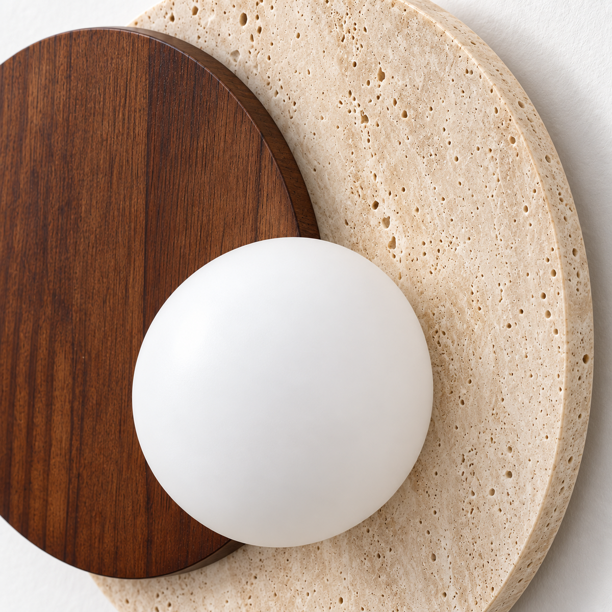 Close-up of dark wood, marble and white glass globe