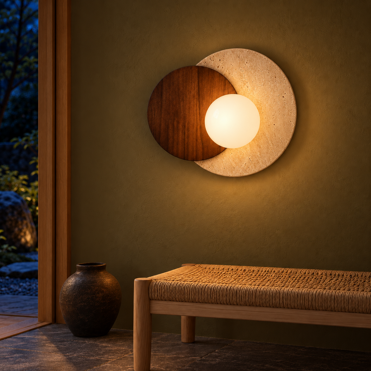 Dark wood and marble globe wall light illuminated at night