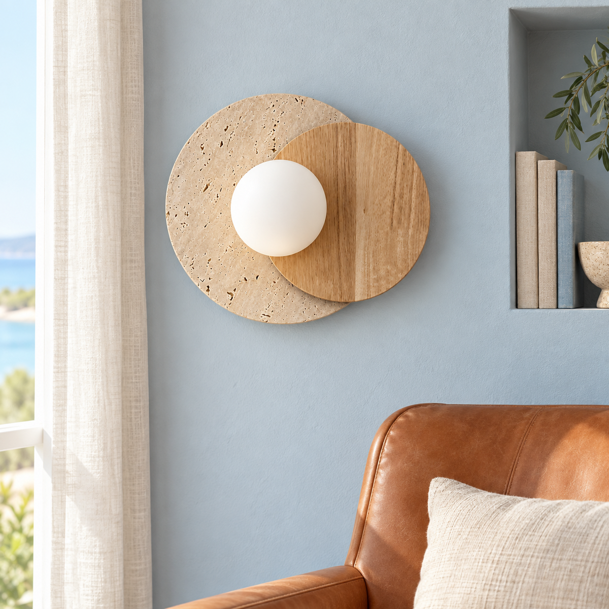 Marble and wood globe wall light in a contemporary interior by day