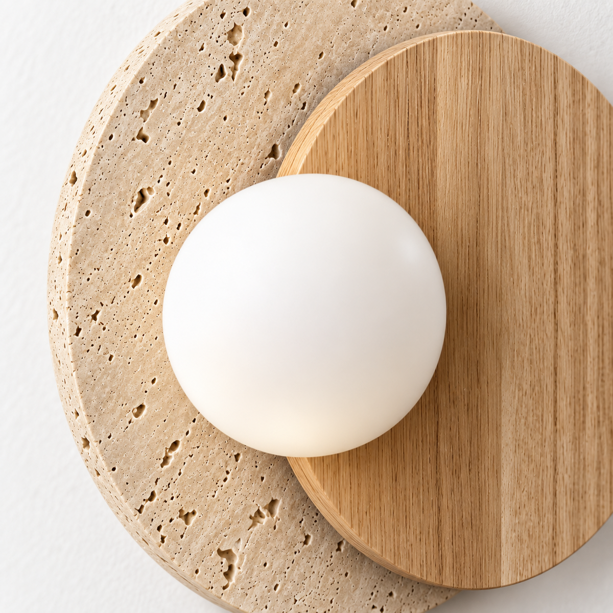 Close-up detail of marble, wood and white glass globe wall light