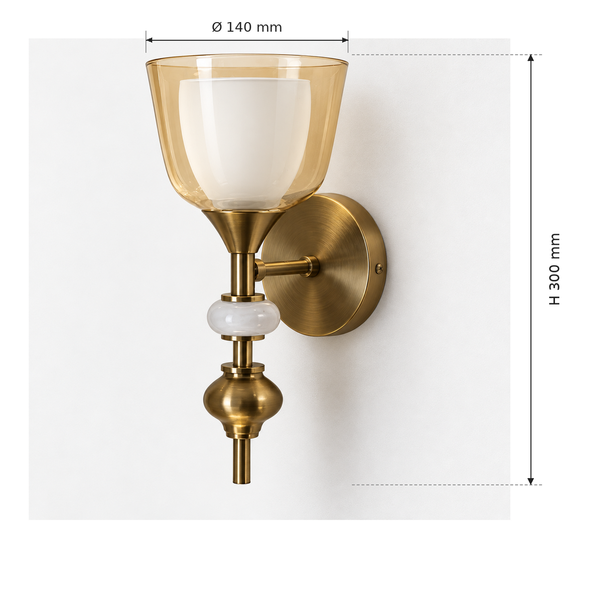 Amber Double Glass Wall Light dimensions, Ø140 mm x H300 mm