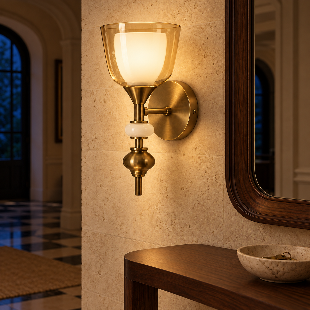 Amber Double Glass Wall Light in hallway at night