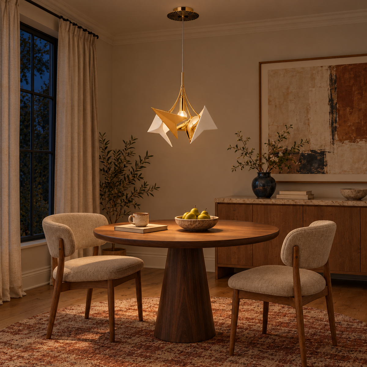 Alata White Ceramic Sculptural Pendant Light, evening interior, light on