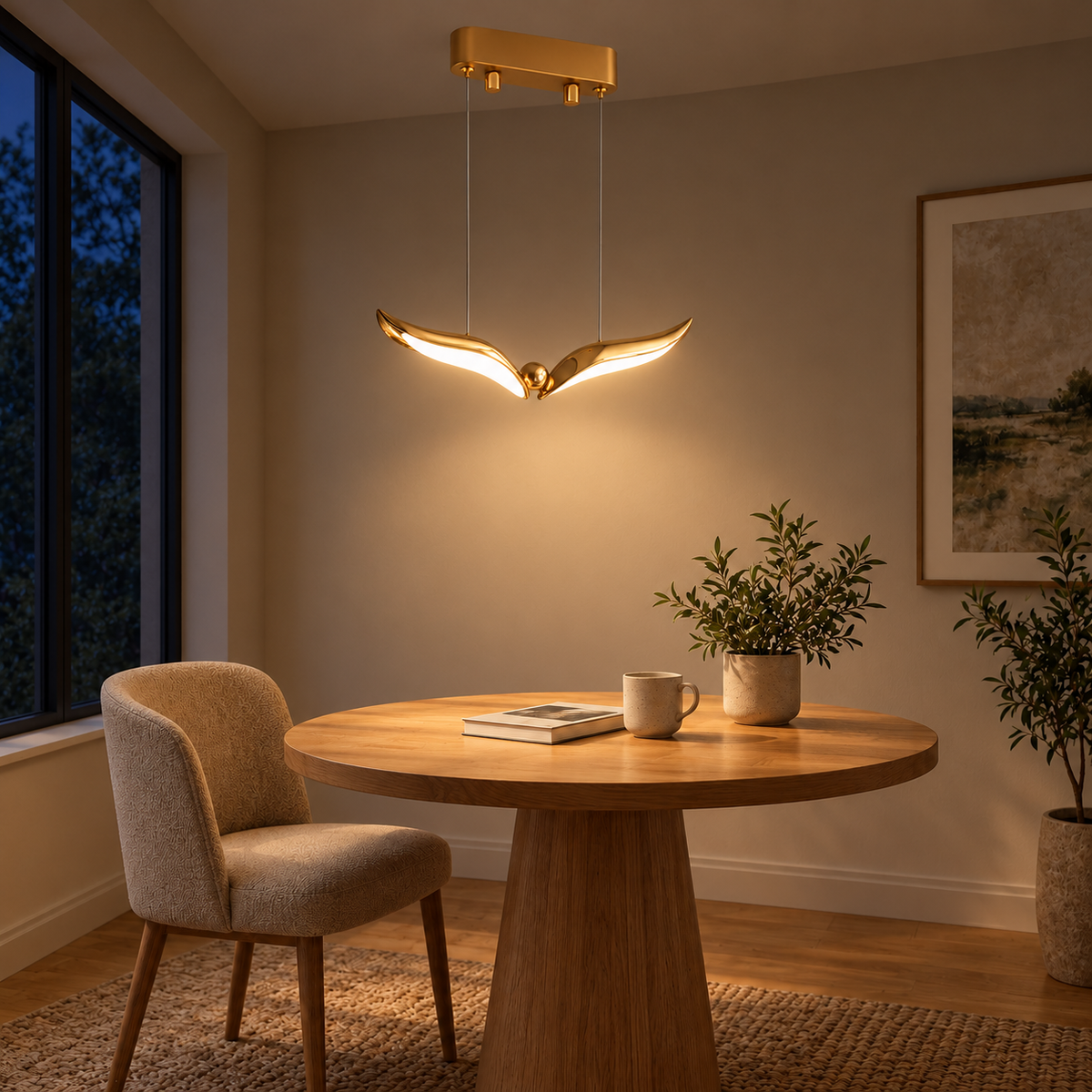 Alette Soaring Wing Pendant Light, evening interior, light on