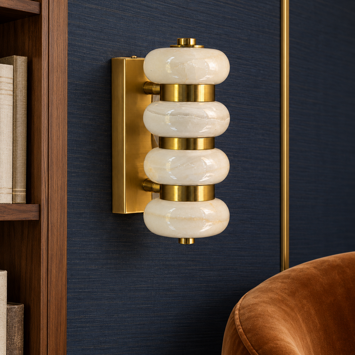 Stacked marble wall light in a refined interior by day