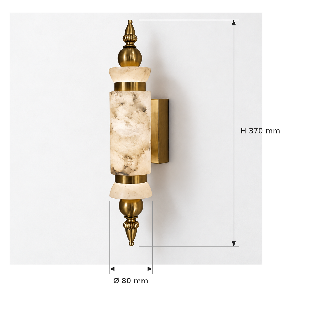 ALYS12-1 wall light dimensions 370 mm height and 80 mm diameter