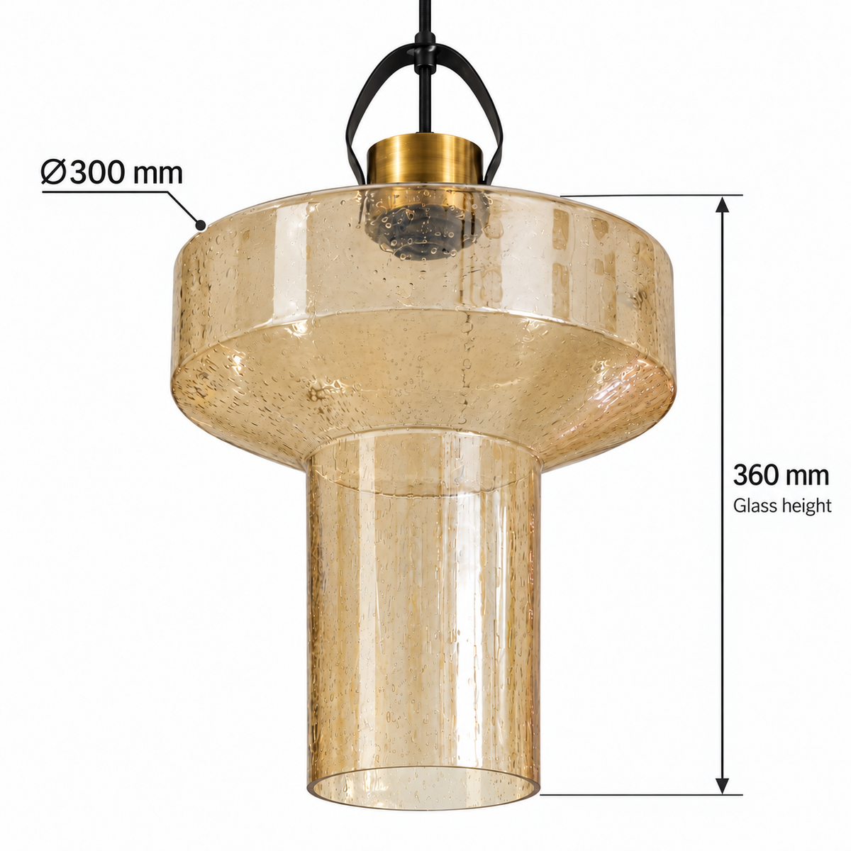 Amber Bubble Glass Drum Pendant, dimension diagram; Glass only: diameter 300 mm and height 360 mm. The metal cap, black loop and suspension are excluded.