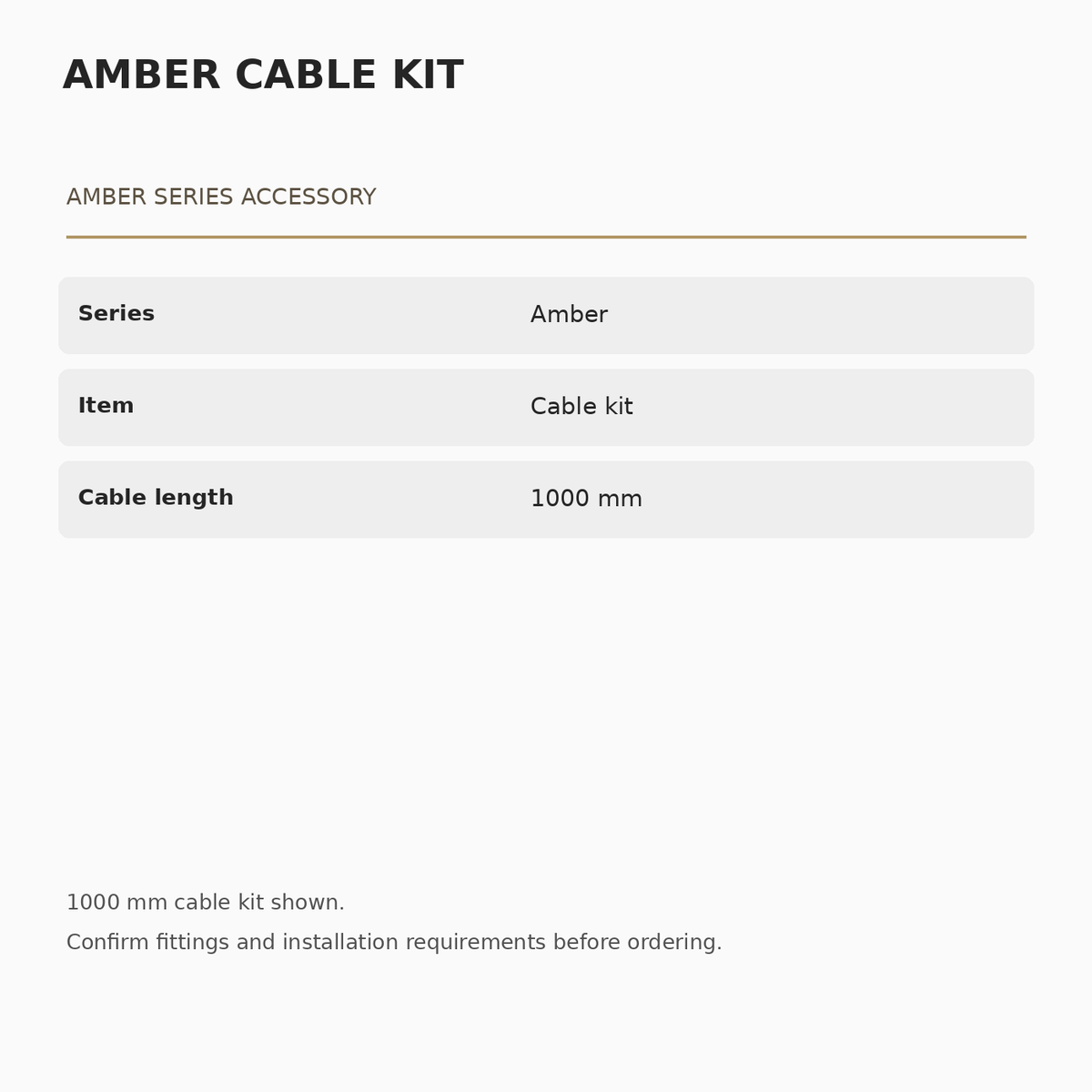 Amber cable kit specifications: Amber series, 1000 mm cable length.