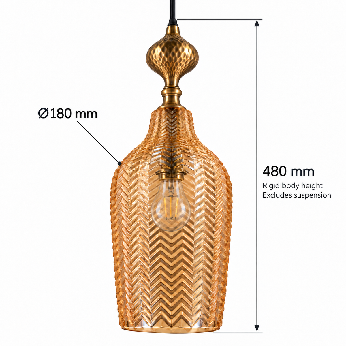 Amber Chevron Glass Bottle Pendant, dimension diagram; Glass diameter: 180 mm. Complete rigid body including decorative metal top: 480 mm high. Suspension is excluded.