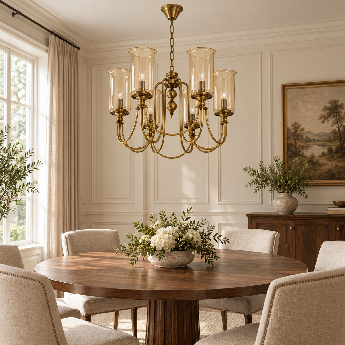 Amber cylinder glass AB 6-light chandelier in a bright dining room