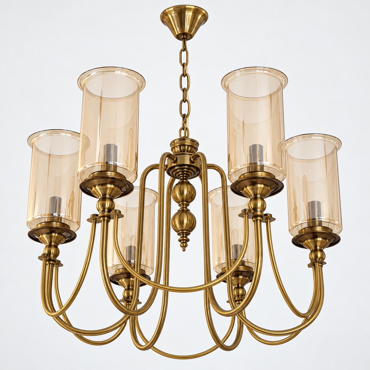 Amber cylinder glass AB 6-light chandelier on a clean white background