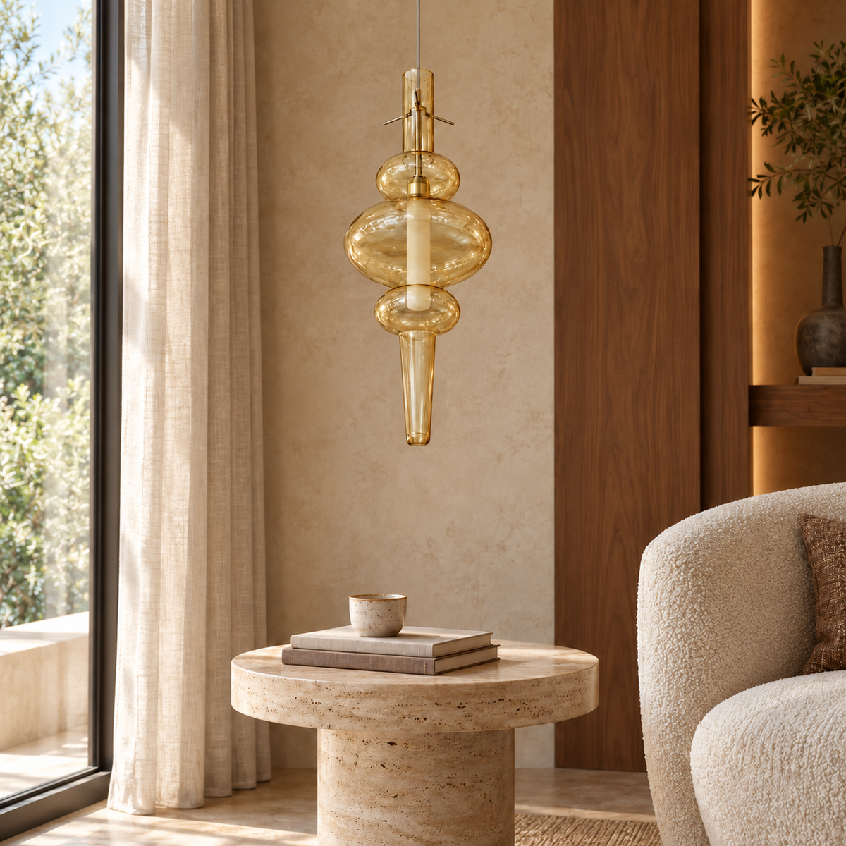 Amber & Frosted Spindle Pendant, unlit in a daytime interior
