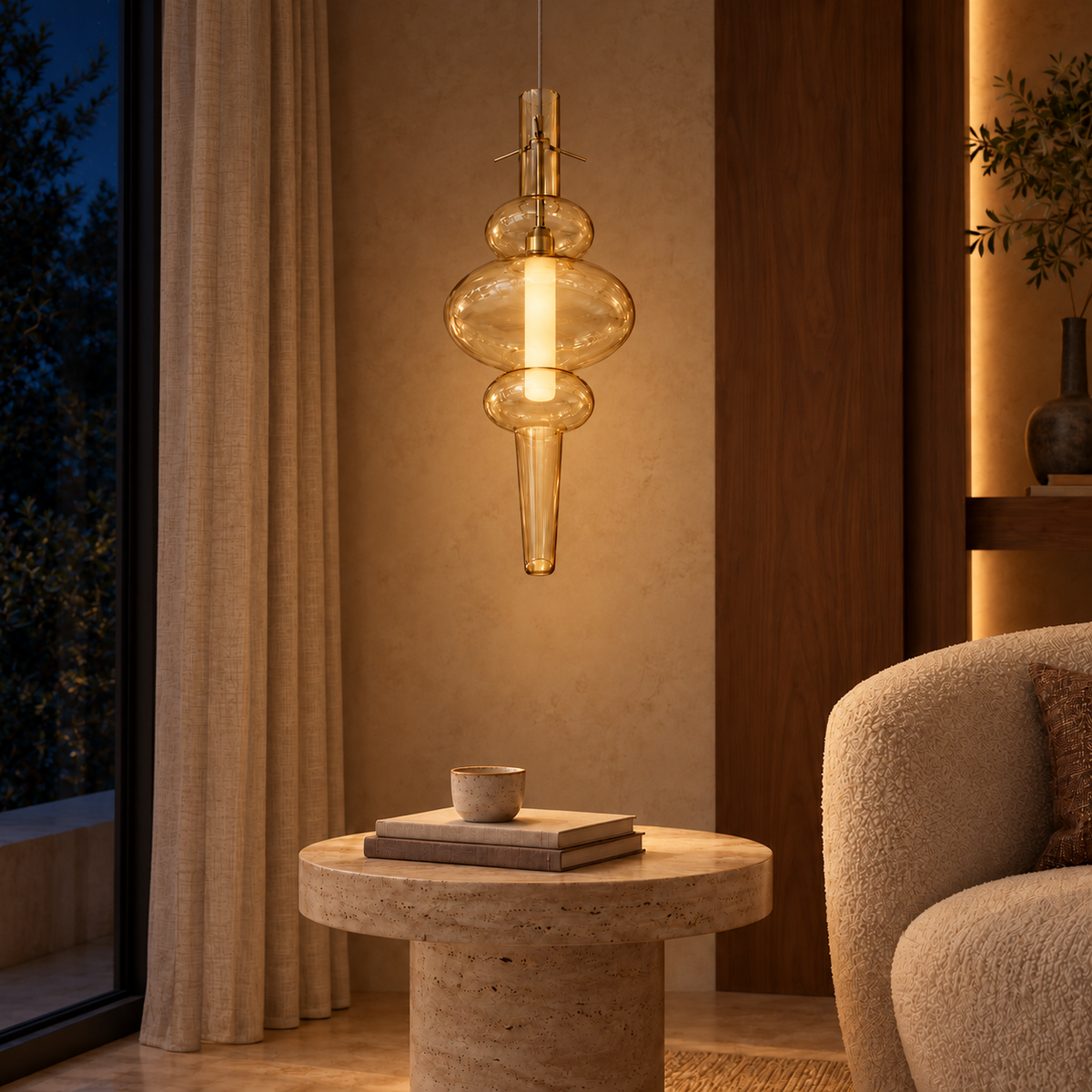 Amber & Frosted Spindle Pendant, illuminated in a nighttime interior