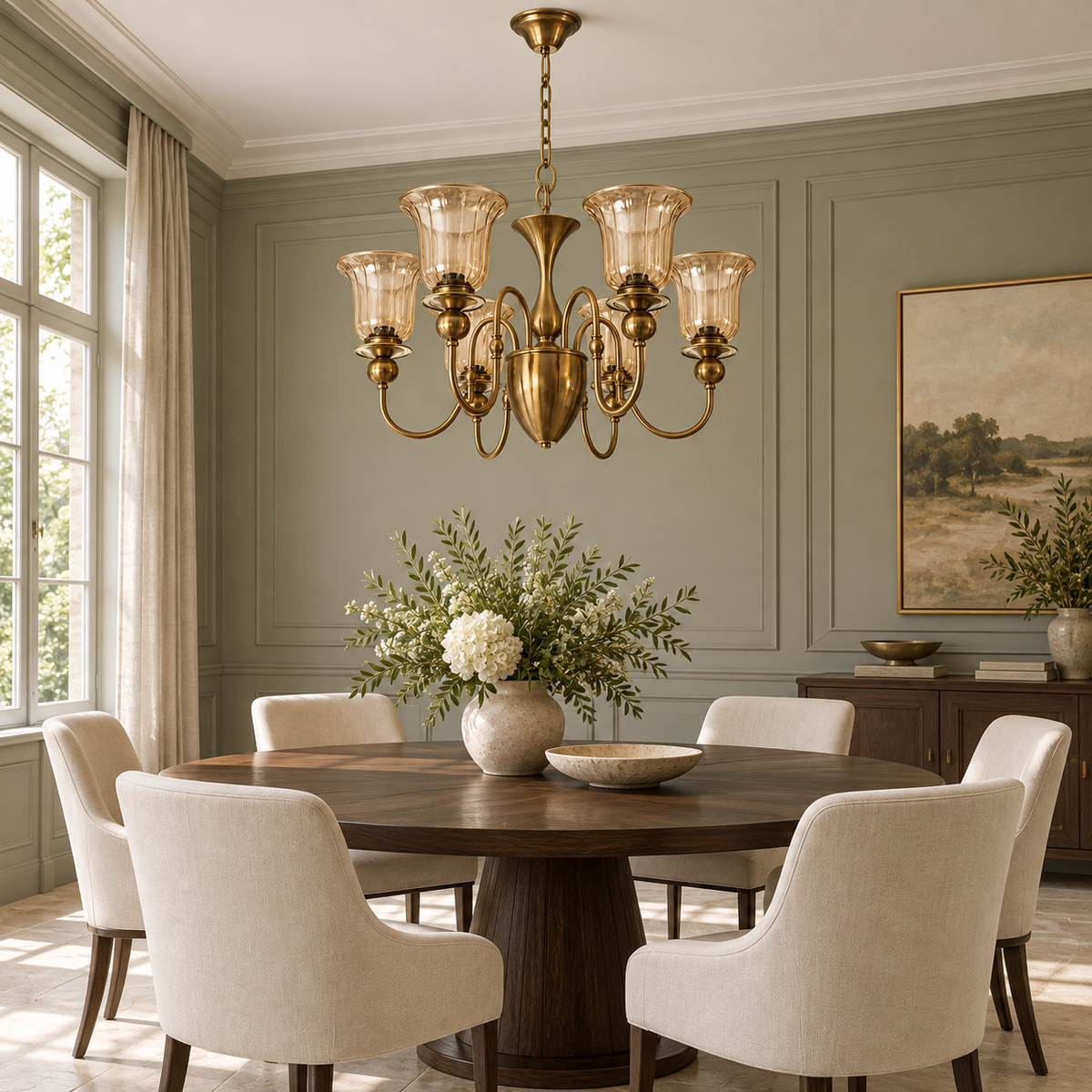 Amber glass AB 6-light chandelier in a bright dining room
