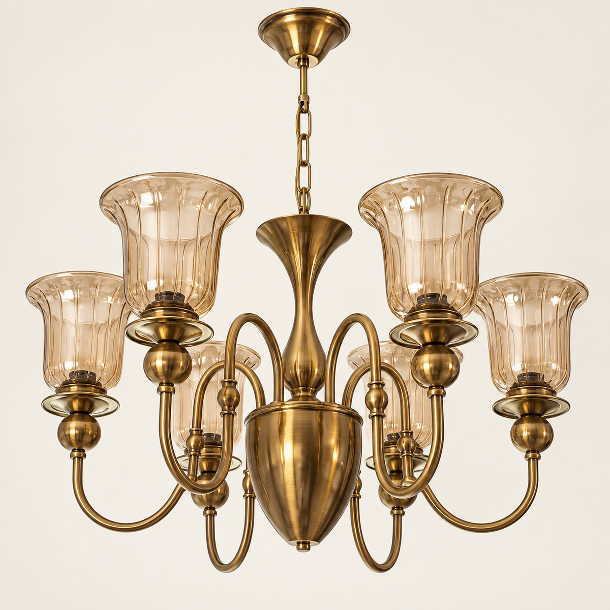 Amber glass AB 6-light chandelier on a clean white background