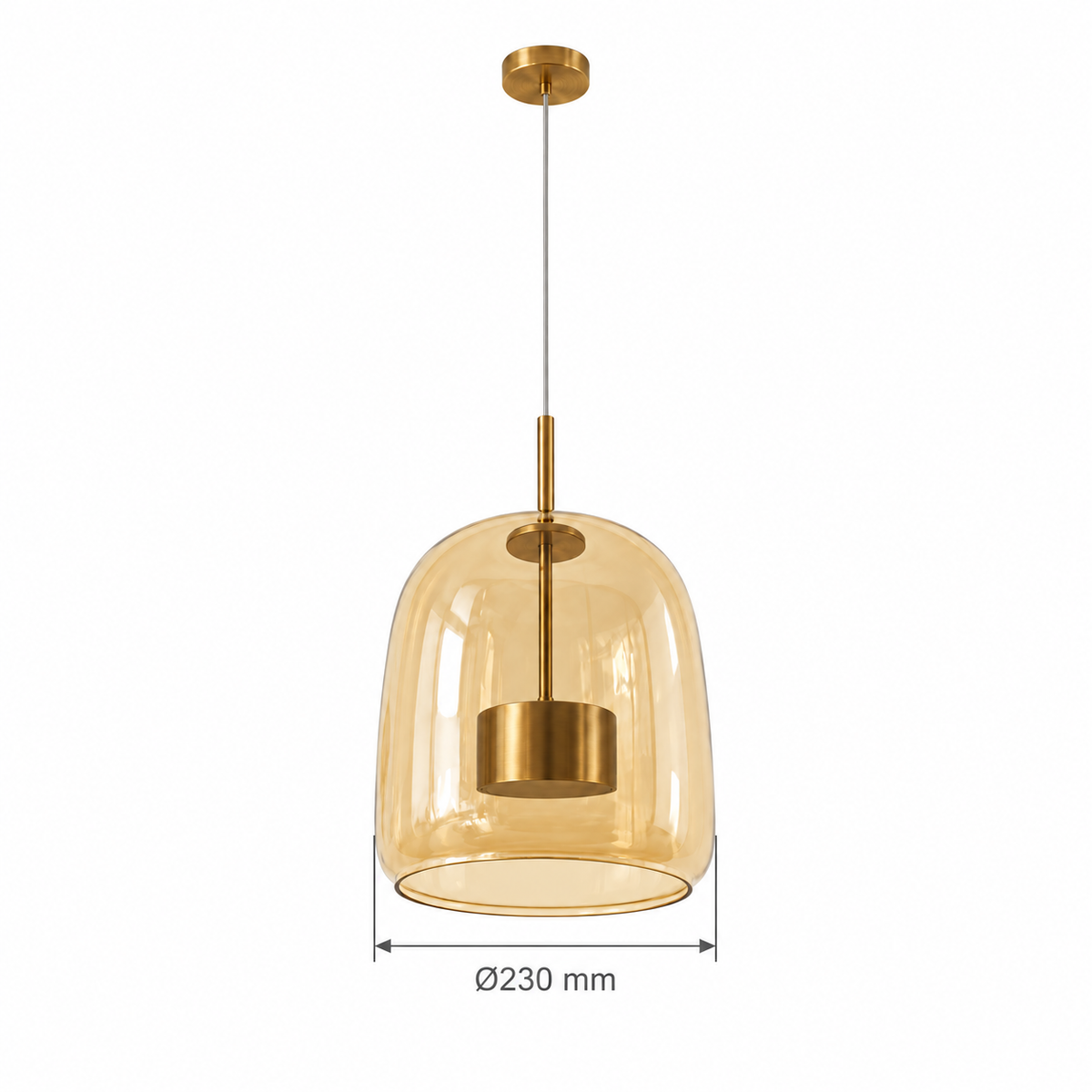 Amber Glass Bell Pendant, dimension diagram showing shade outer diameter 230 mm