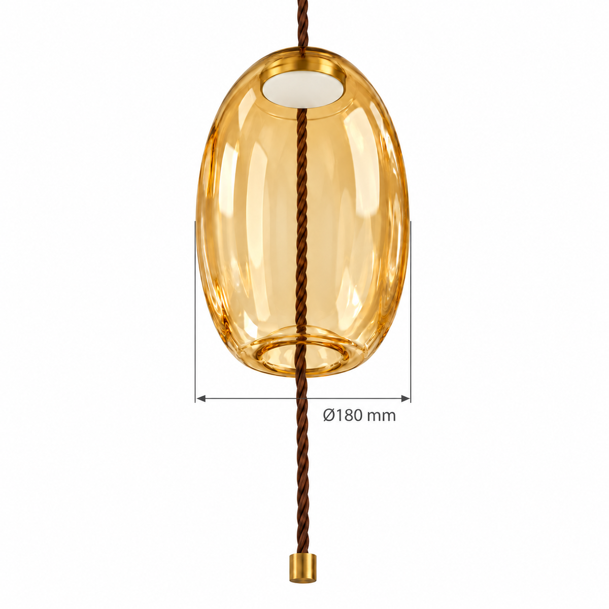 Amber Glass Elongated Pendant, dimension diagram showing glass diameter 180 mm