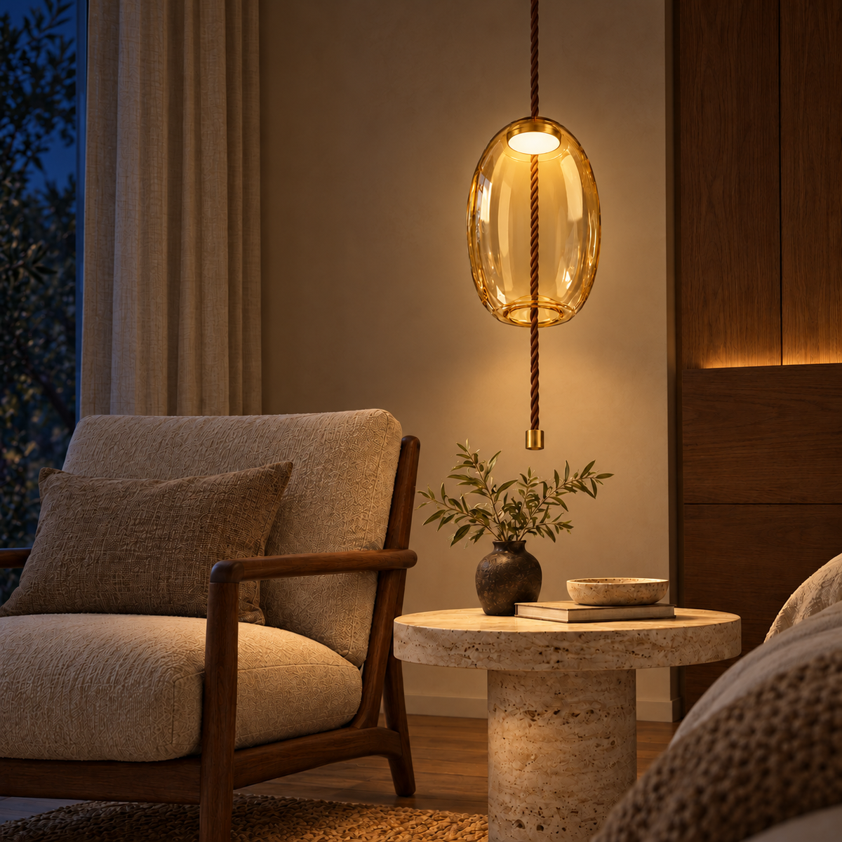 Amber Glass Elongated Pendant, illuminated in a nighttime interior