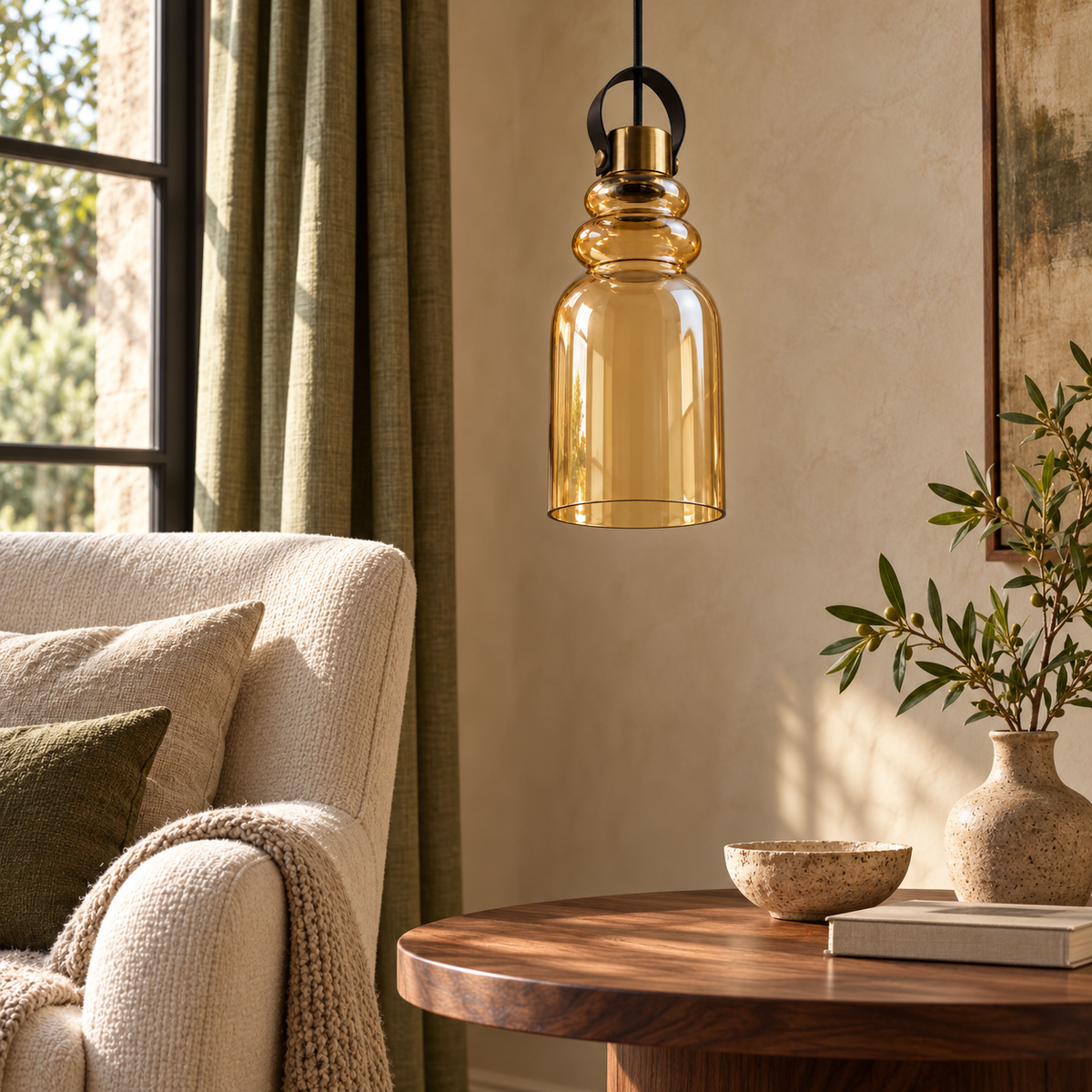 Amber Glass Sculpted Bell Pendant, unlit in a daytime interior