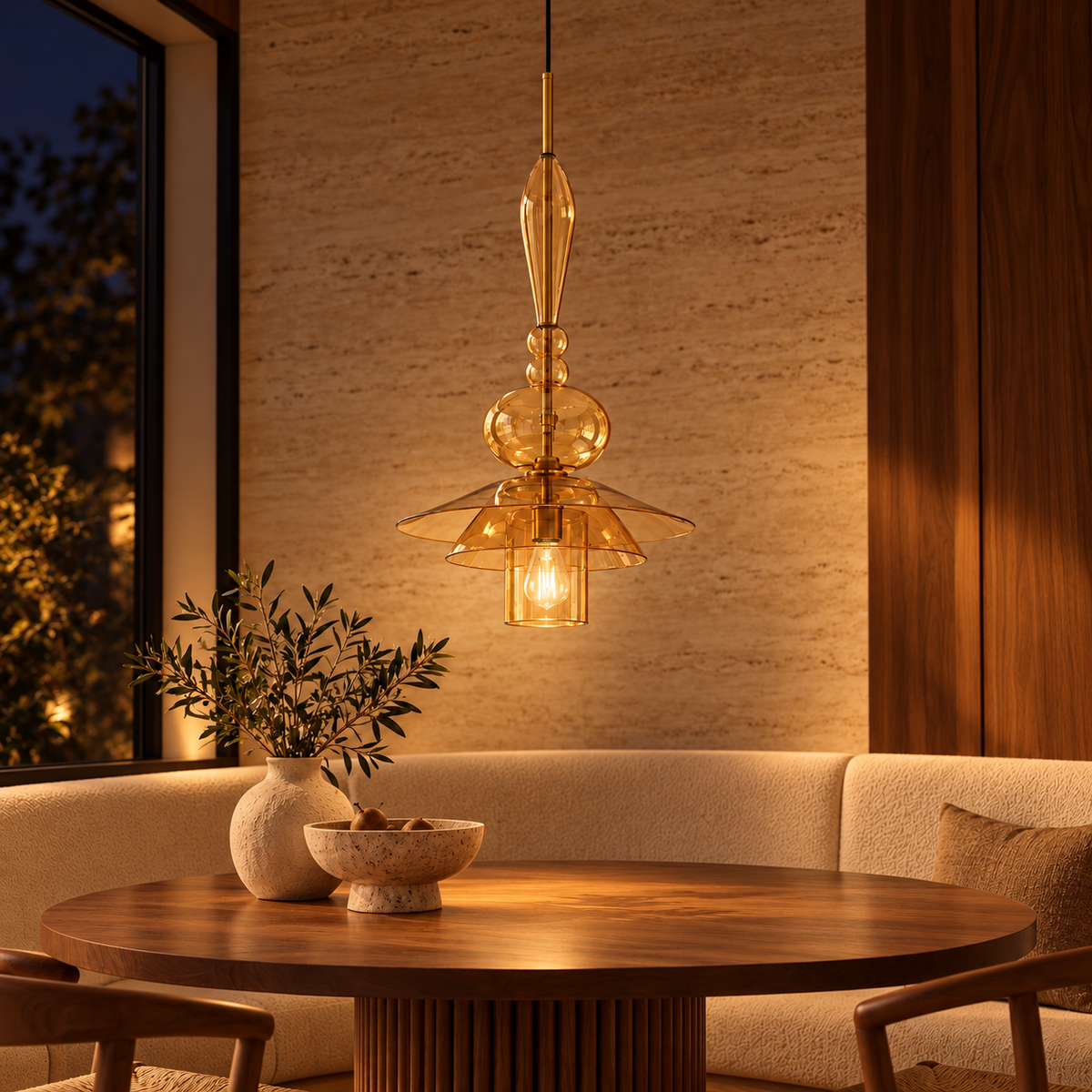 Amber Glass Stacked Saucer Pendant, illuminated in a nighttime interior