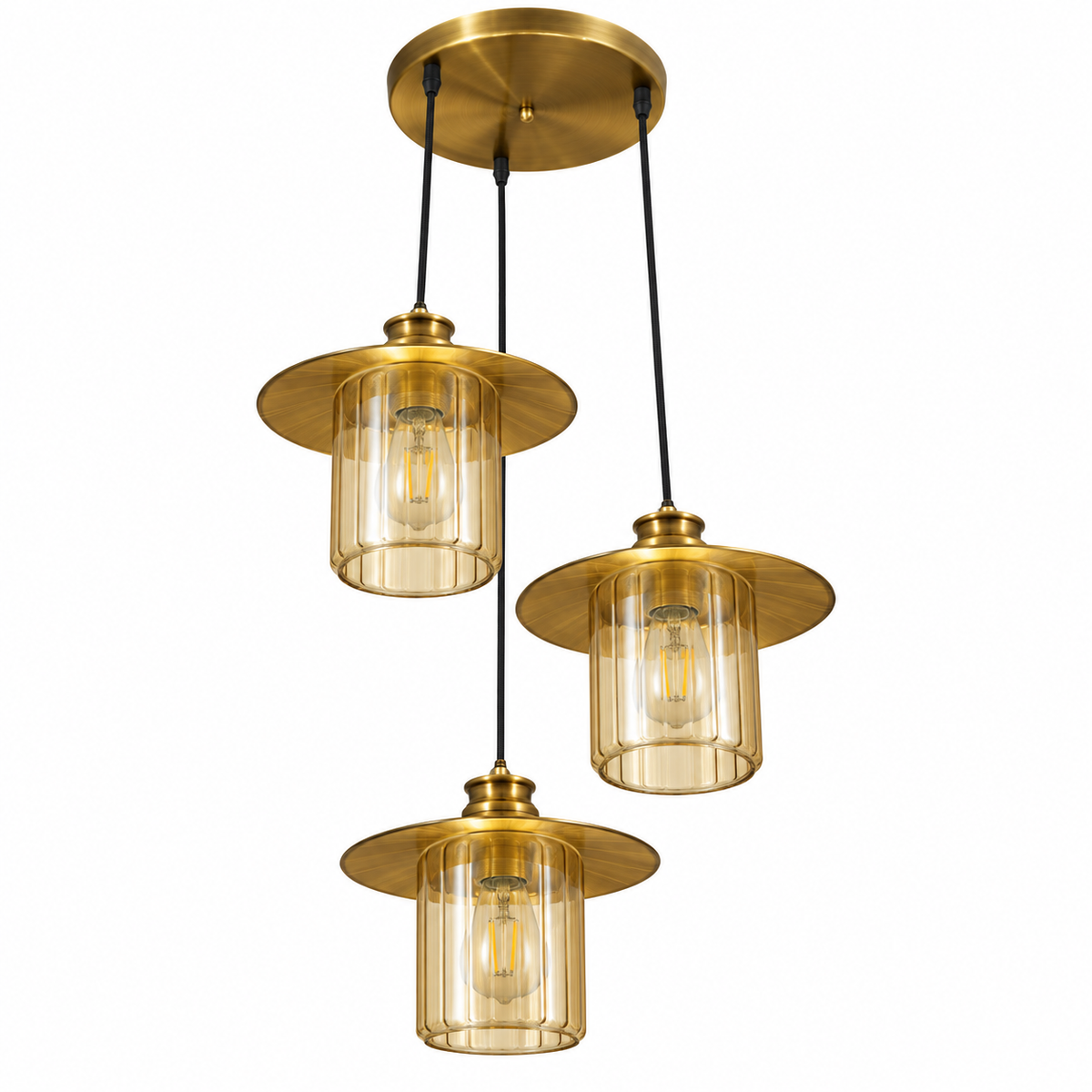 Amber Glass Three-Drop Saucer Chandelier, unlit studio view