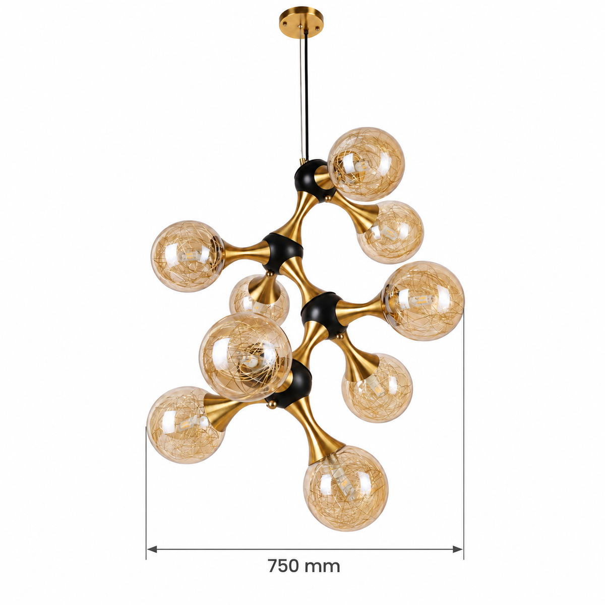 Amber Globe Nine-Light Branch Chandelier, dimension diagram showing overall diameter 750 mm