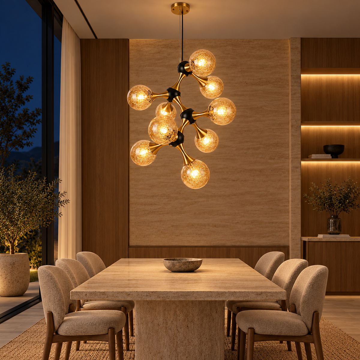 Amber Globe Nine-Light Branch Chandelier, illuminated in a nighttime interior