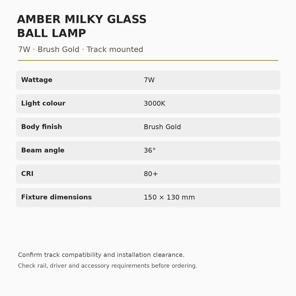 Amber Milky Glass Ball Lamp specifications: 7W, 3000K, Brush Gold, 36° beam, CRI 80+, dimensions 150 × 130 mm.