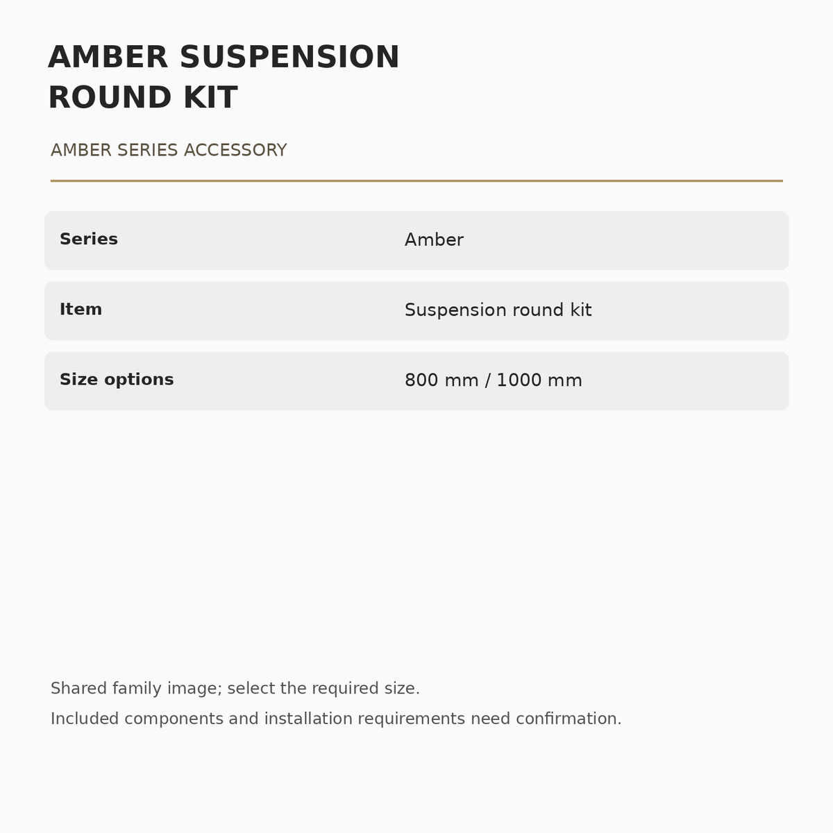 Amber suspension round kit specifications: 800 mm and 1000 mm size options.