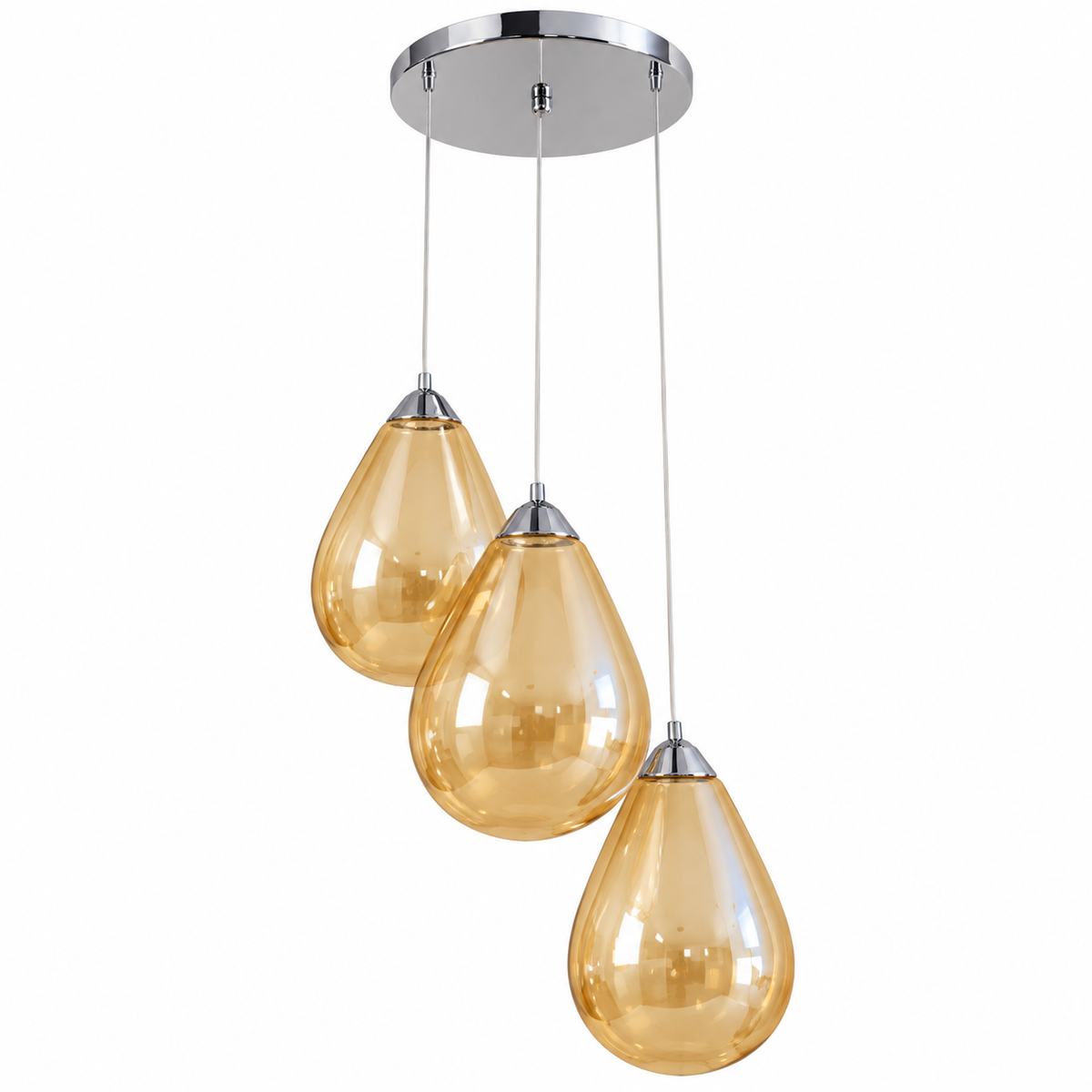Amber Three-Drop Teardrop Chandelier, unlit studio view