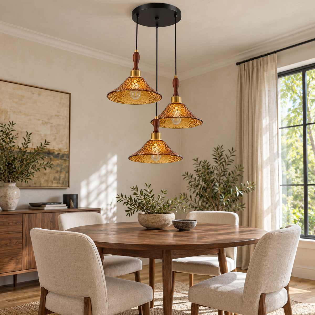 Ambra Three-Shade Amber Glass Chandelier, daylight interior, light off