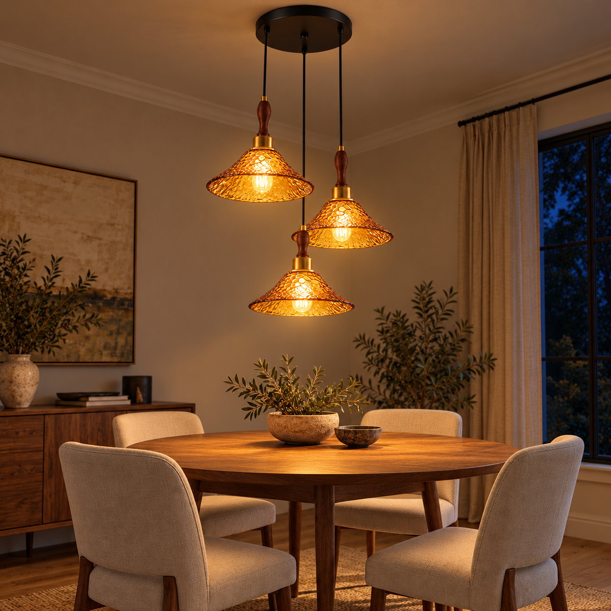 Ambra Three-Shade Amber Glass Chandelier, evening interior, light on