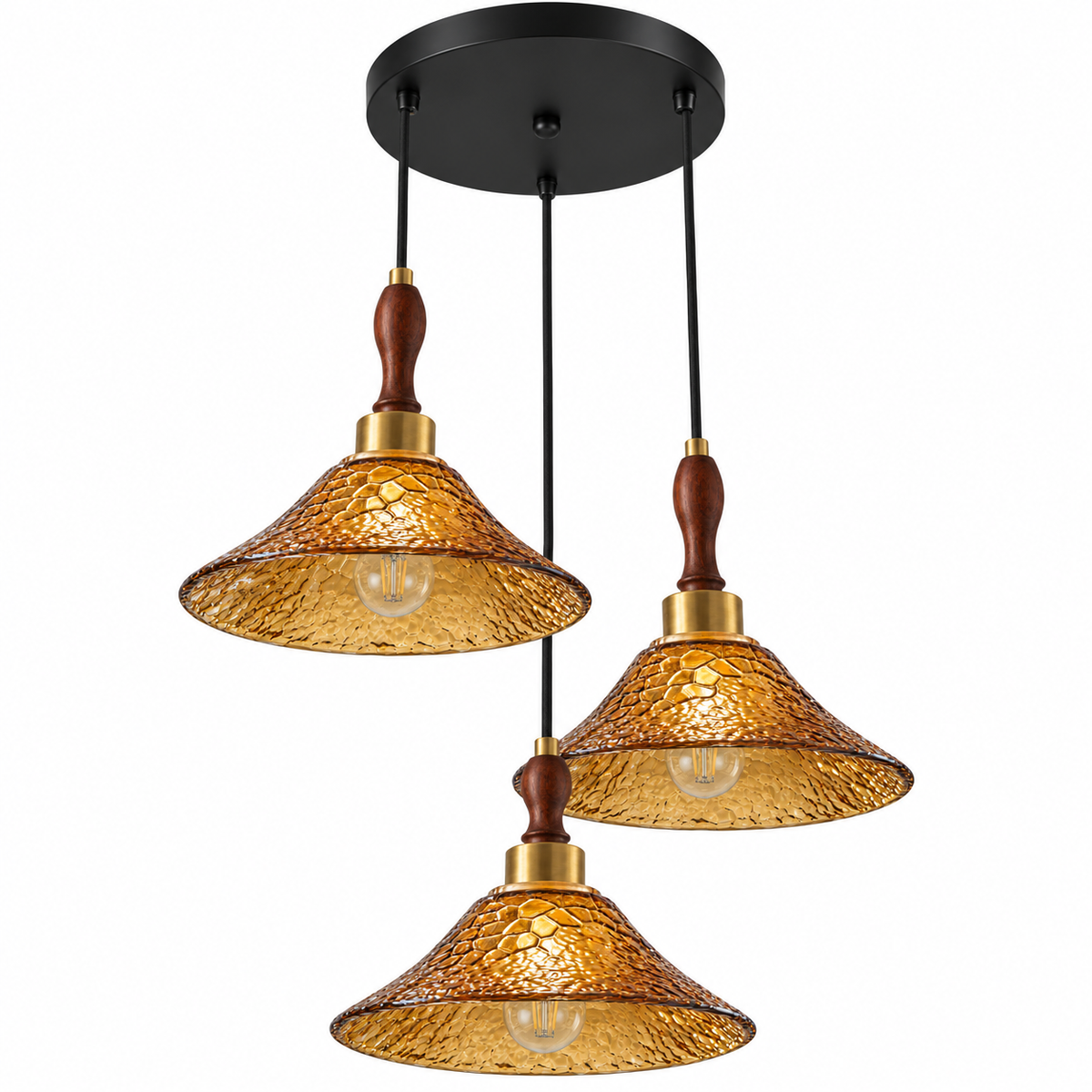 Ambra Three-Shade Amber Glass Chandelier, studio view on white