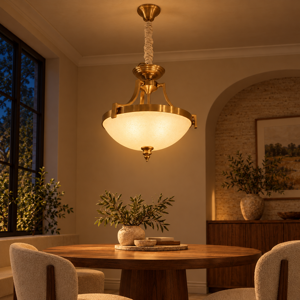 Antique Golden Textured Glass Bowl Pendant, illuminated in a nighttime interior