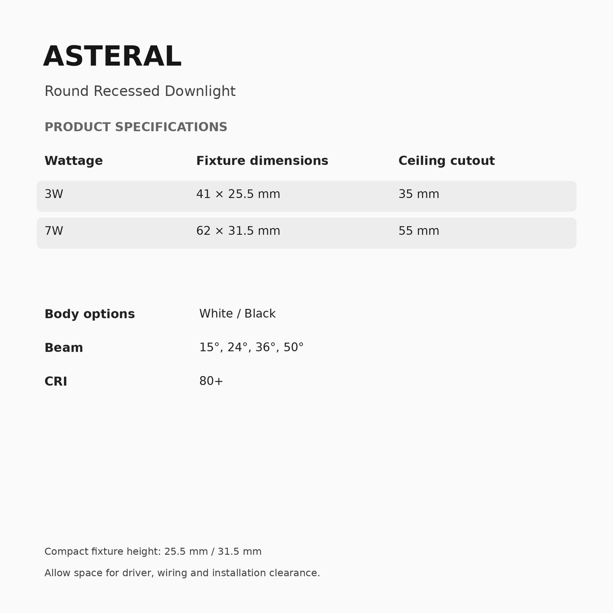 ASTERAL Round Recessed Downlight – 3W & 7W — dimensions, cutout, beam and finish guide