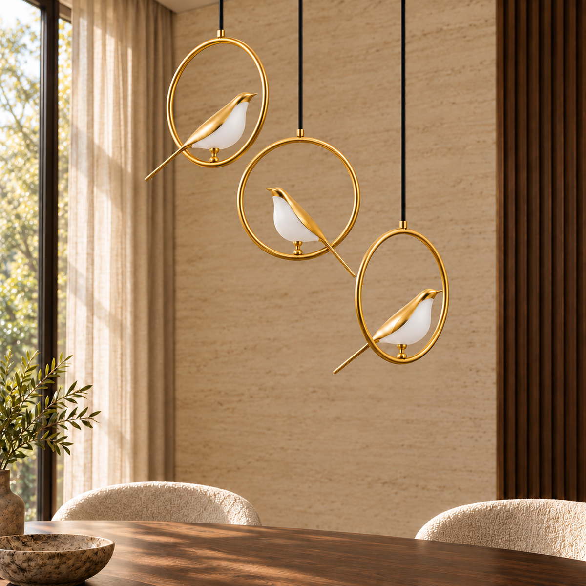 Avina Three-Ring Bird Chandelier, daylight interior, light off