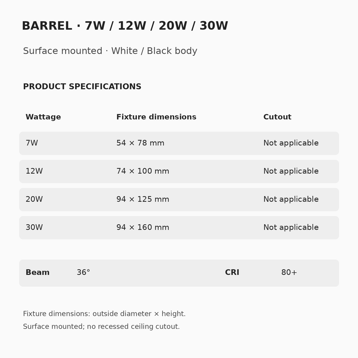 BARREL specifications: 7W 54 × 78 mm; 12W 74 × 100 mm; 20W 94 × 125 mm; 30W 94 × 160 mm. Surface mounting, 36° beam and CRI 80+.
