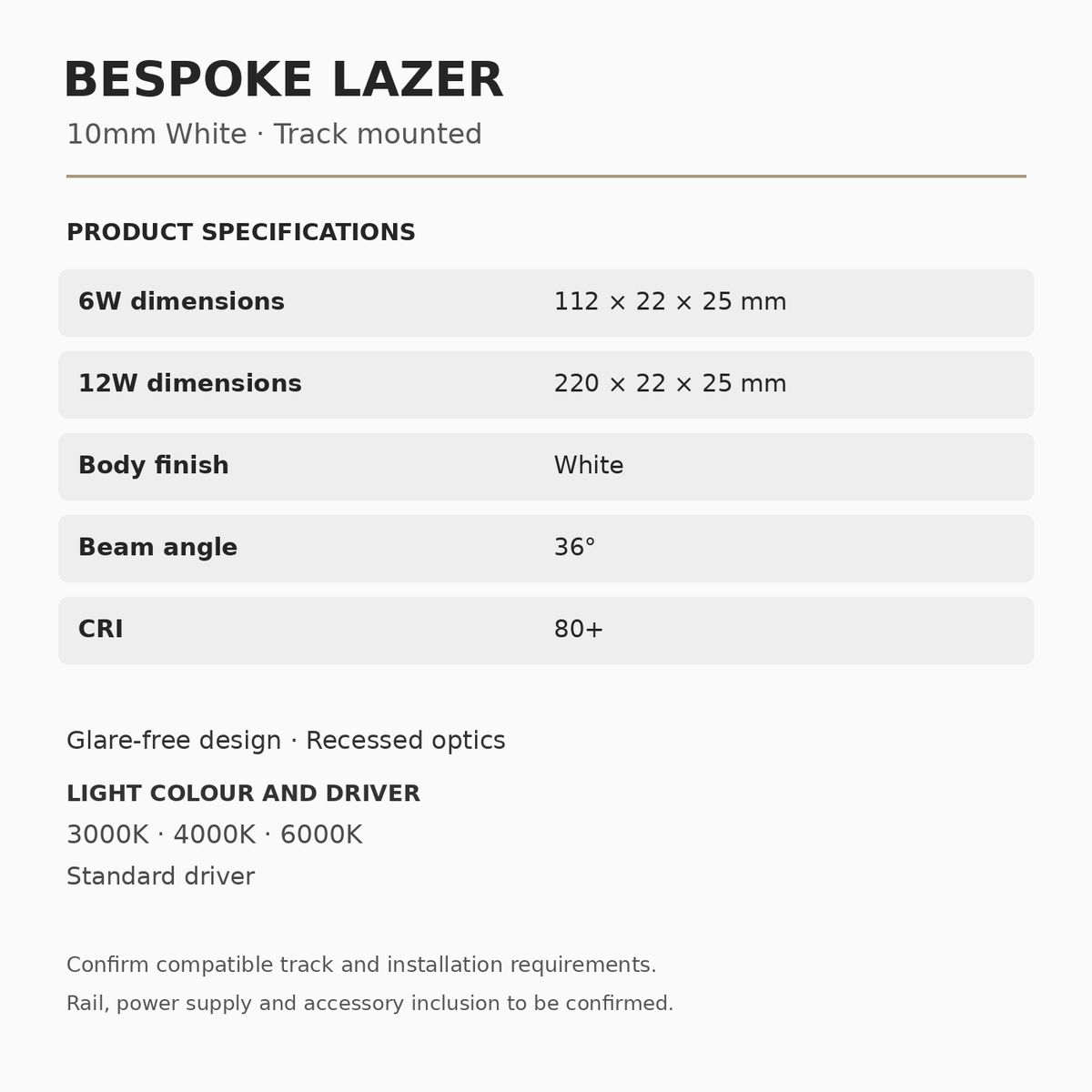 Bespoke Lazer 10mm White specifications: 6W 112 × 22 × 25 mm, 12W 220 × 22 × 25 mm; 36° beam, CRI 80+, 3000K, 4000K or 6000K with standard driver.
