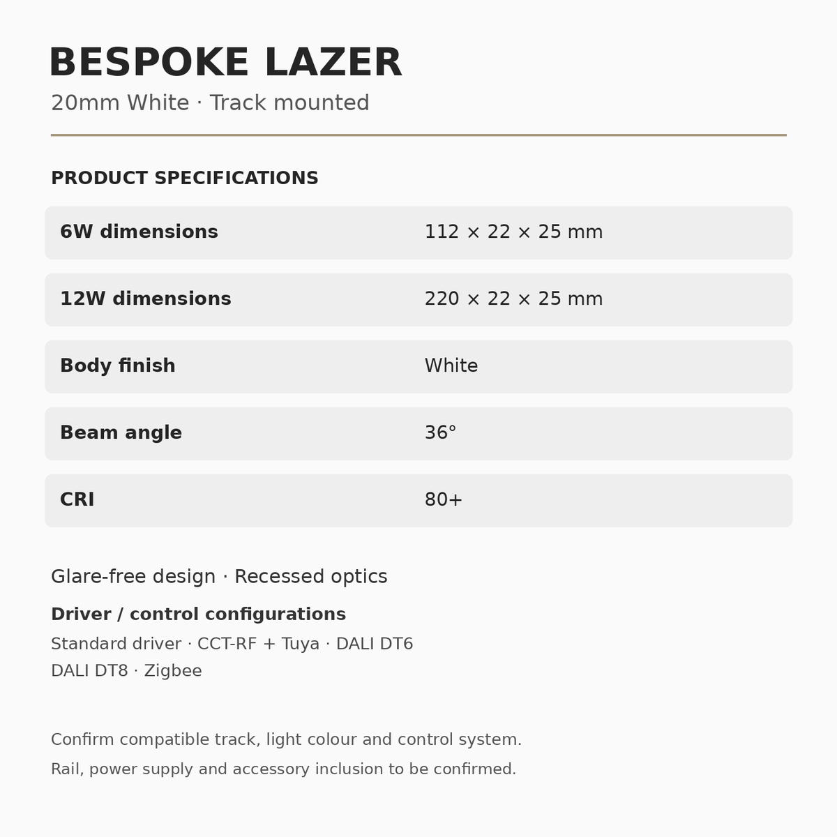 Bespoke Lazer 20mm White specifications: 6W and 12W, dimensions 112 × 22 × 25 mm and 220 × 22 × 25 mm, 36° beam, CRI 80+.
