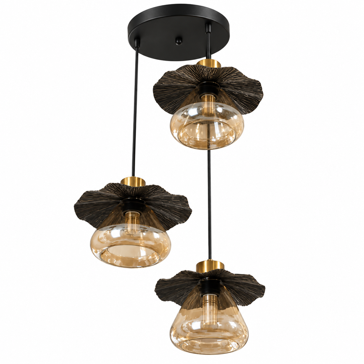 Black & Amber Glass Three-Drop Chandelier, unlit studio view